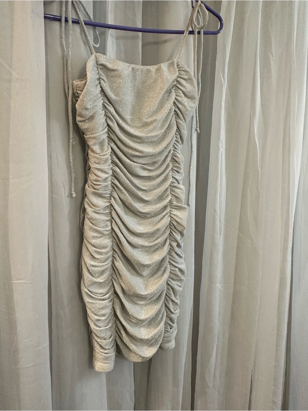 Jump White Dress glittering dress with Rusching on both sides and tie straps NWT